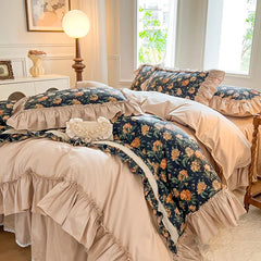 100% Cotton Floral Print Lace Princess Bedding Set