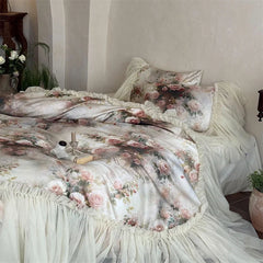 Vintage Rose Flowers Prints Three-sided Large Lace Ruffles 1000TC Egyptian Cotton Bedding Set