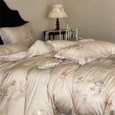 Luxury Lyocell Cotton Bedding Set, Watercolor Floral Print, Silky Soft Cooling Duvet Cover Set Flat/Fitted Sheet Pillowcase 4Pcs