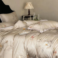 Luxury Lyocell Cotton Bedding Set, Watercolor Floral Print, Silky Soft Cooling Duvet Cover Set Flat/Fitted Sheet Pillowcase 4Pcs