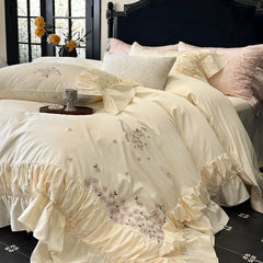 Luxury Rose Butterfly Embroidery Ruffles Princess Bedding Set