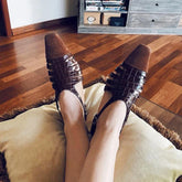 cowhide French square toe hollow breathable high-heeled toe closure sandals