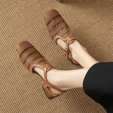cowhide woven elastic hollow breathable mid Heel