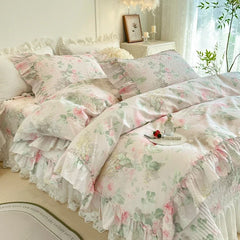 4/6Pcs Pure Cotton French Flowers Prints Ruffles Princess Bedding Set