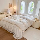 4/6Pcs Vintage French Pleated Pastoral Style Lace Ruffles Embroidery Bedding Set