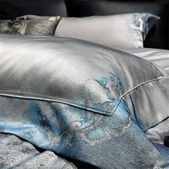 1000TC Egyptian Cotton Blue Grey Abstract Marble Brocade Jacquard Luxury Bedding Set