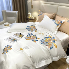 Luxury 1000TC Egyptian Cotton 4Pcs Bedding Set, Flower Embroidery Soft Hotel Grade Duvet Cover & Sheet Set With Pillowcases