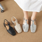 leather cowhide hollow weave low Heel