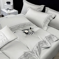 600TC Egyptian Cotton Bedding Set, Luxury Embroidery Duvet Cover with Pillowcases, Flat/Fitted Bed Sheet for Home Hotel, 4Pcs