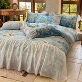 3/4Pcs French Princess Style Tencel Cotton Ice Silk Summer Cooling Comforter Set Blue Print Ruffle Bedding Set