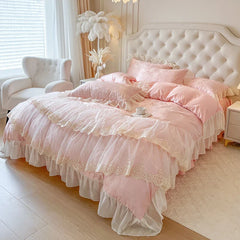 4/6Pcs Pink Butterfly Jacquard Three-layer Lace Ruffles Princess Wedding Bedding Set