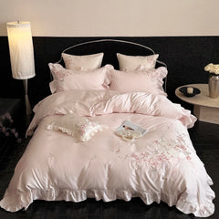 Pink Flowers Embroidery Ruffles Luxury Bedding Set