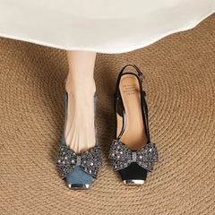 metal square head sheep suede colored bow elastic high Heels