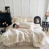 Rose Embossing Quilted Duvet Cover Set Vintage Lace Ruffles Pure Cotton Bedding Set