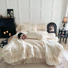 Rose Embossing Quilted Duvet Cover Set Vintage Lace Ruffles Pure Cotton Bedding Set