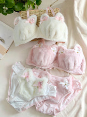 Weiches Kawaii-Dessous-Set mit Kätzchen und Schleife