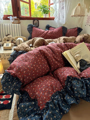 3/4Pcs Vintage Flower Lace Ruffles Skin-friendly Soft Bedding Set