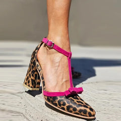 Sandal Leopard Print Pointed Toe Colorblock Chunky Heels