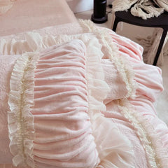 Pink Princess Style Pleated Lace Ruffles Carved Velvet Warm Soft Bedding Set