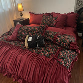 Vintage Floral Pleated Ruffles Bow 1000TC Egyptian Cotton Bedding Set