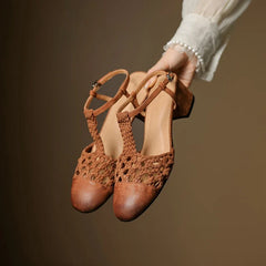 sheepskin woven hollow breathable retro high Heels