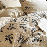 Bohemian Cotton Linen Bedding Set, Ethnic Floral Embroidery, Vintage Farmhouse Duvet Cover Flat/Fitted Bed Sheet Pillowcase 4Pcs