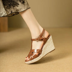 Square Headed Open Toe Real Leather Weaving Slope Heel