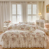 100% Cotton Flowers Print Lace Ruffles Princess 4/6Pcs Bedding Set