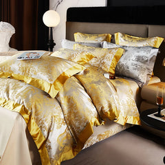 4/6Pcs Luxury Beige Gold Brocade Jacquard Egyptian Cotton Patchwork Bedding Set