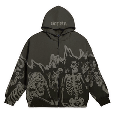 Society Skeletons Flammendruck Grunge Reißverschluss Hoodie