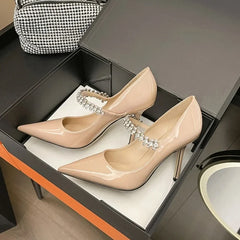 French Rhinestone Pointed White High Heels