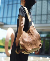 Style Khaki Calf Leather Patchwork Canvas Backpack Satchel Bag