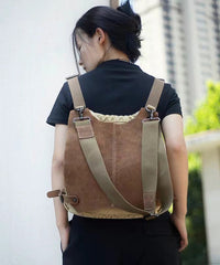 Style Khaki Calf Leather Patchwork Canvas Backpack Satchel Bag