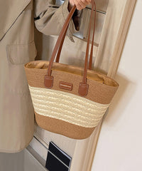 Woven Shoulder Straw Bag Capacity Large Khaki Durable Stylish
