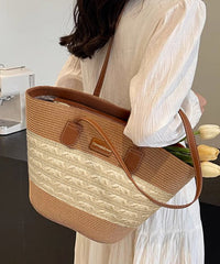 Woven Shoulder Straw Bag Capacity Large Khaki Durable Stylish