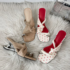 Braided Strap Women Slippers Metal Clip Toe Thick Heel