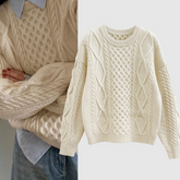 Weißer, cremefarbener Zopfmuster-Pullover mit Volumen