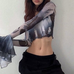 Witch Clothing Aesthetic Flared Sleeves Mesh Top