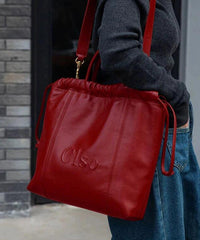 Red Leather Faux Handbag Women Large Satchel Drawstring Capacity