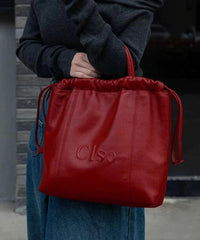 Red Leather Faux Handbag Women Large Satchel Drawstring Capacity