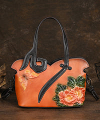 Leather Handbag Retro Women Calf Coffee Tote Embossed