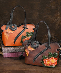 Leather Handbag Retro Women Calf Coffee Tote Embossed