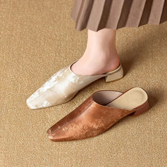 and Square Head Leather Retro Cow Leather Large Size Simple and Comfortable Baotou Muller Slippers