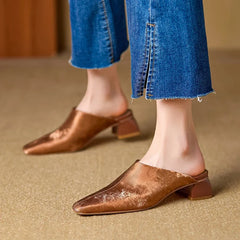 and Square Head Leather Retro Cow Leather Large Size Simple and Comfortable Baotou Muller Slippers