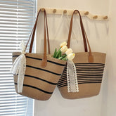 Striped Straw Tote Bag + Lace Strap