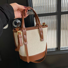 Bucket Two Panel Leather Faux Canvas Tone Bag