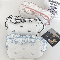 Ruffle Trim Fabric Makeup Bag / Pencil Case