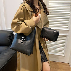 Faux Leather Buckled Tote Bag + Pouch