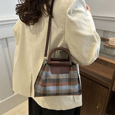 Plaid Shoulder Bag + Plain Faux Leather Pouch
