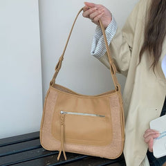 Bag Faux Panel Leather Shoulder Zip